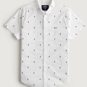 Hollister White Short-Sleeve Button-Down Shirt with Small Black Palm Motif
